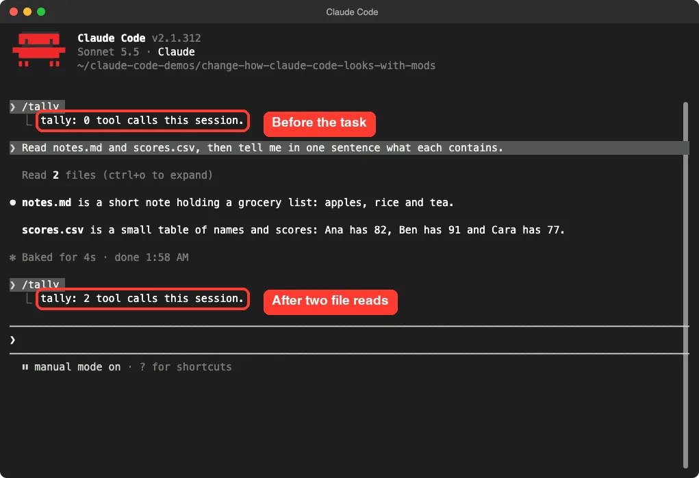 Claude Code terminal where the slash tally command prints zero tool calls before a task and two tool calls after reading two files