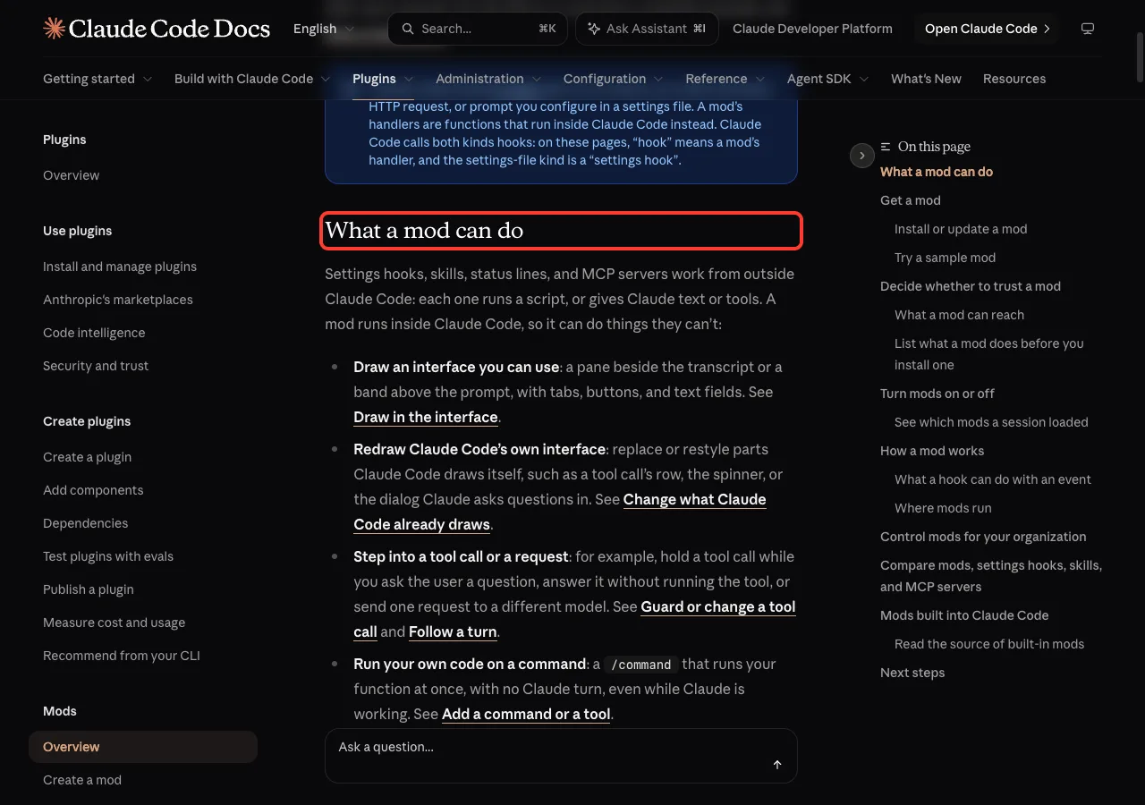 Official Claude Code docs page titled Mods overview with the heading What a mod can do highlighted in red