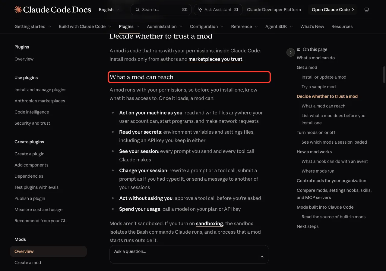 Official Claude Code docs section What a mod can reach highlighted in red with a list of things a loaded mod can do