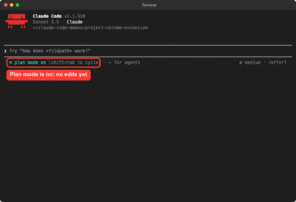 Claude Code welcome screen with the plan mode on indicator highlighted