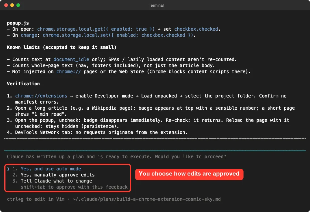 Claude Code plan screen with the approval options highlighted