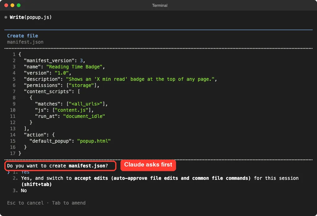 Claude Code asking whether to create manifest.json with the question highlighted