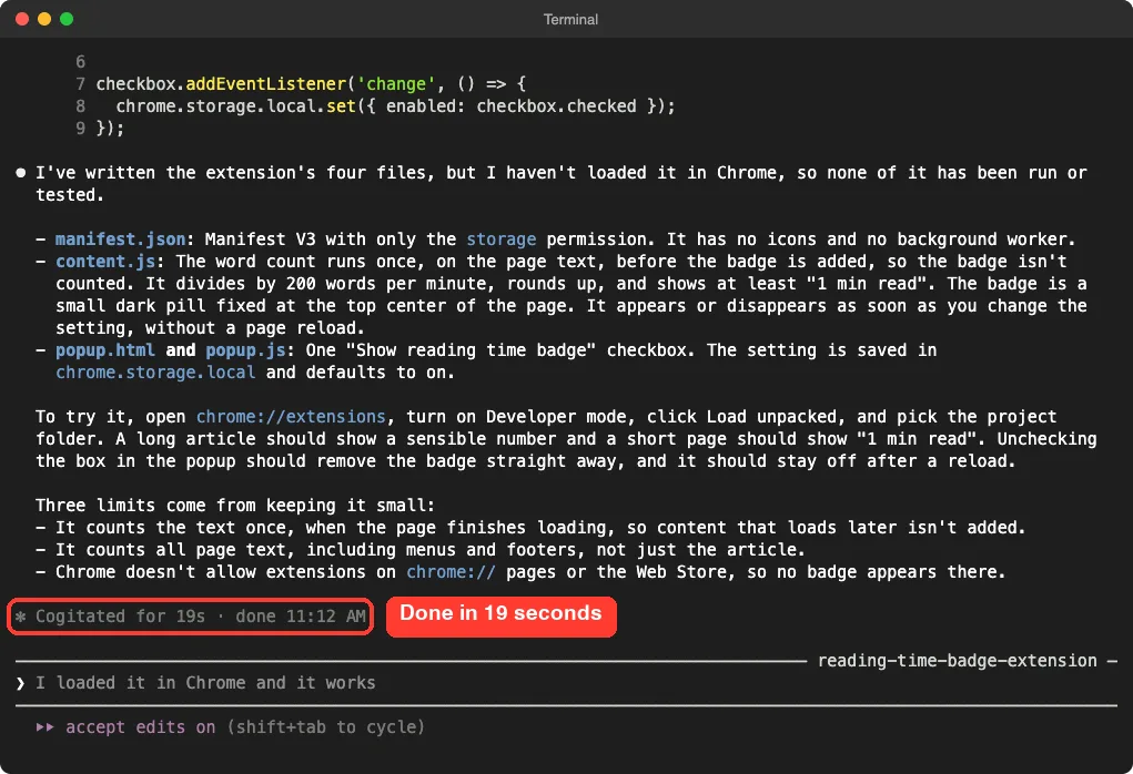 Claude Code summary of the four extension files with the completion time highlighted
