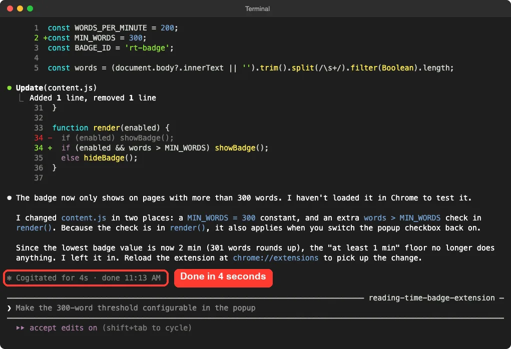 Claude Code showing the small change to content.js with the completion time highlighted