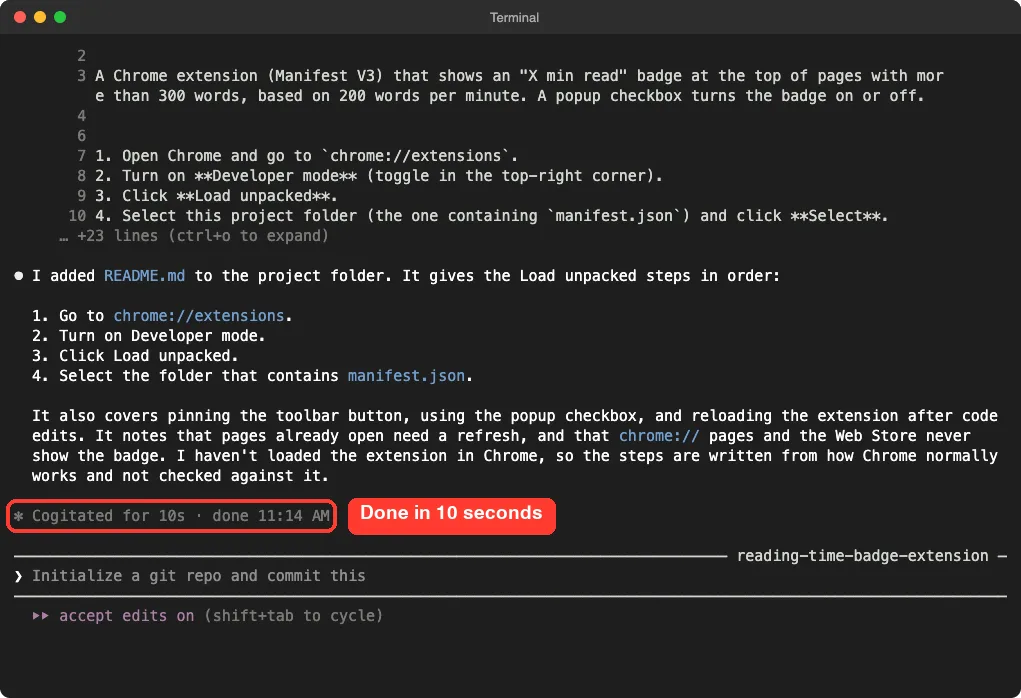 Claude Code summary of the new README file with the completion time highlighted