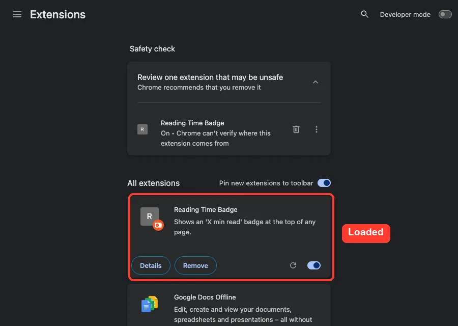 The Chrome extensions page showing the Reading Time Badge extension loaded and switched on