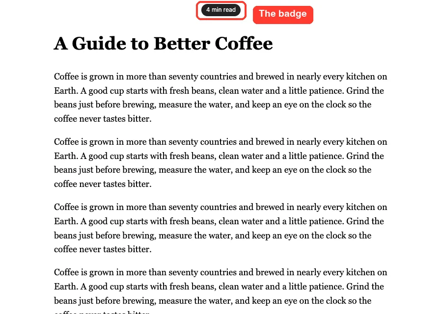 A long article page with a dark badge at the top reading 4 min read