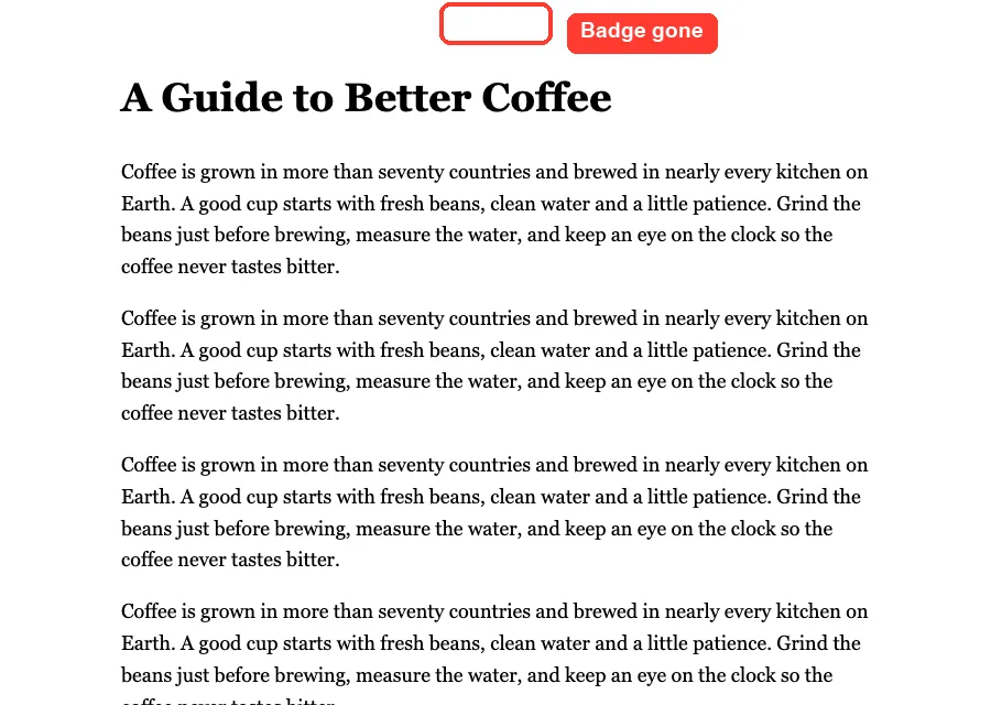 The long article page with no badge after the checkbox was turned off