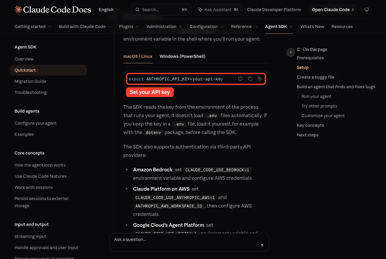 Official quickstart showing the export ANTHROPIC_API_KEY command highlighted