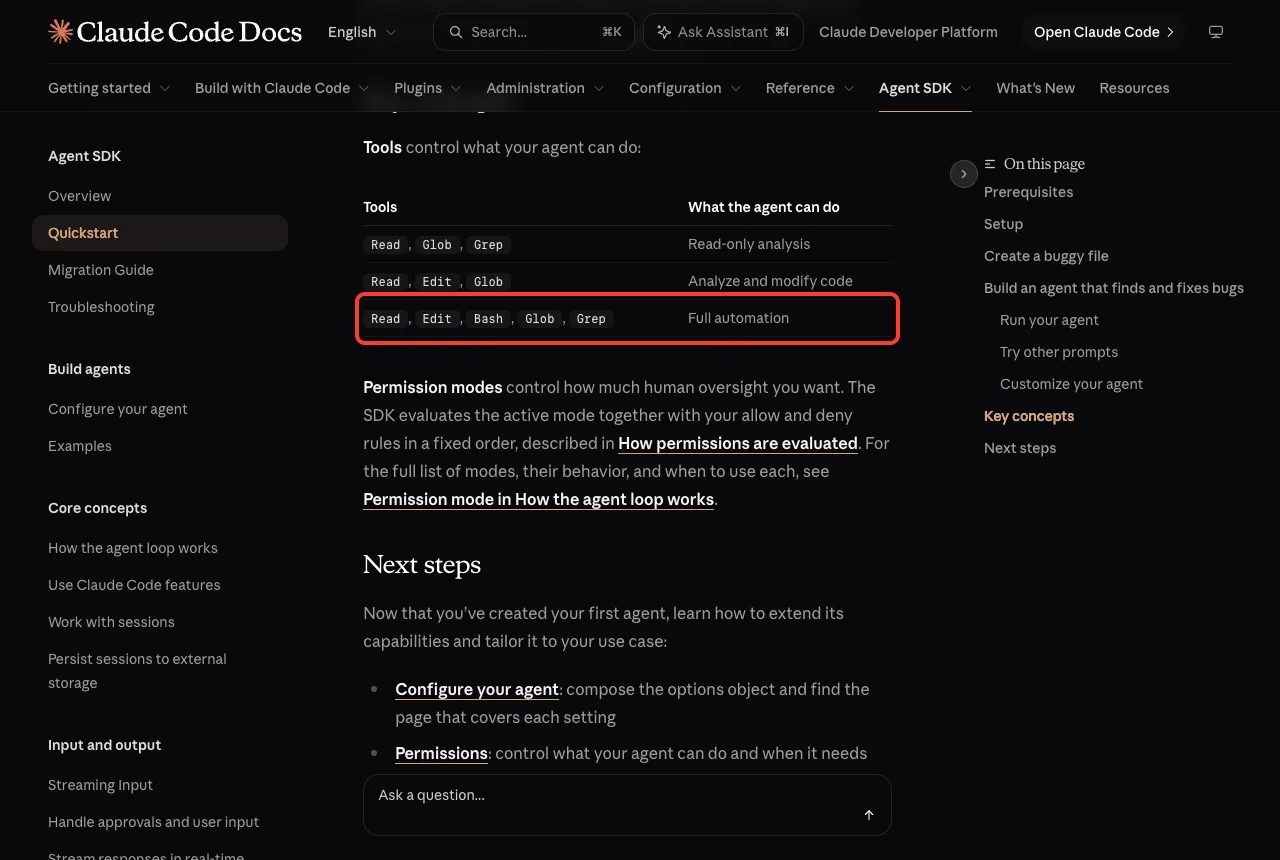 Official quickstart table of tool sets with the full automation row highlighted