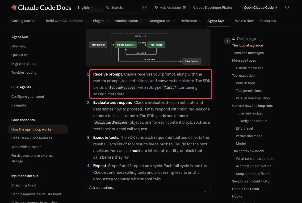 Official agent loop page with the numbered steps and a small loop diagram