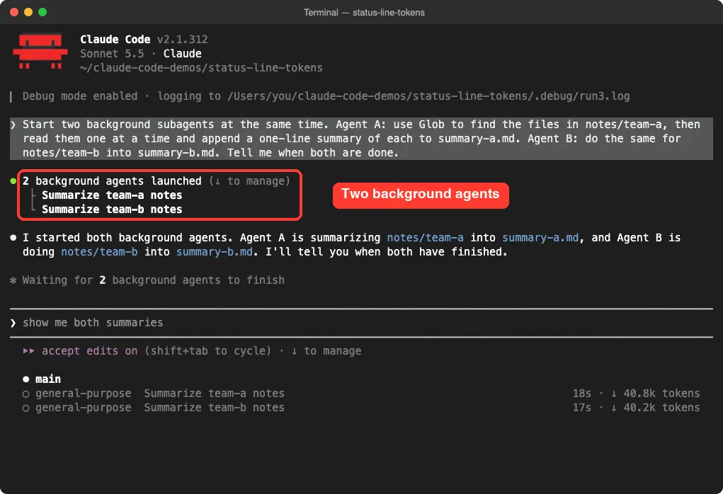 Claude Code terminal showing two background agents launched to summarize notes
