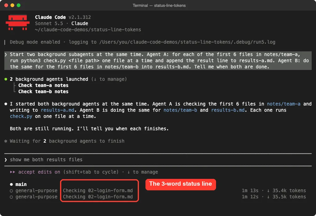 Claude Code agents list showing the 3-word status line label Checking 02-login-form.md