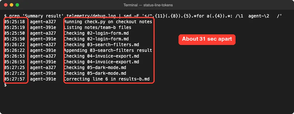 Claude Code debug log listing status line labels about 31 seconds apart