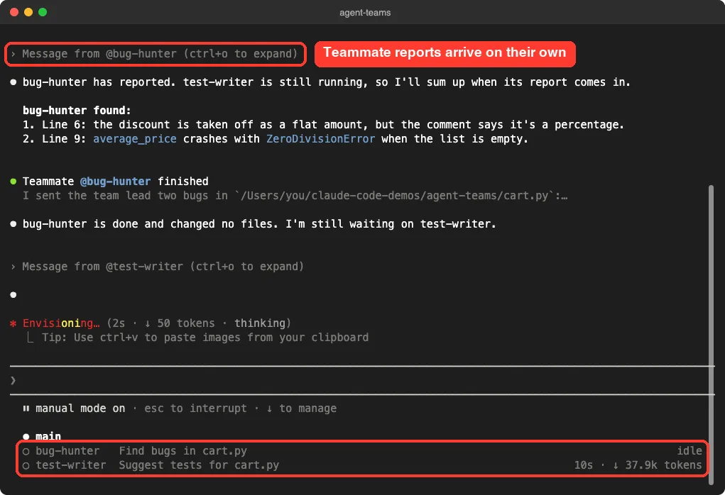Lead session showing a message from bug-hunter with two bugs while test-writer is still working in the agent panel