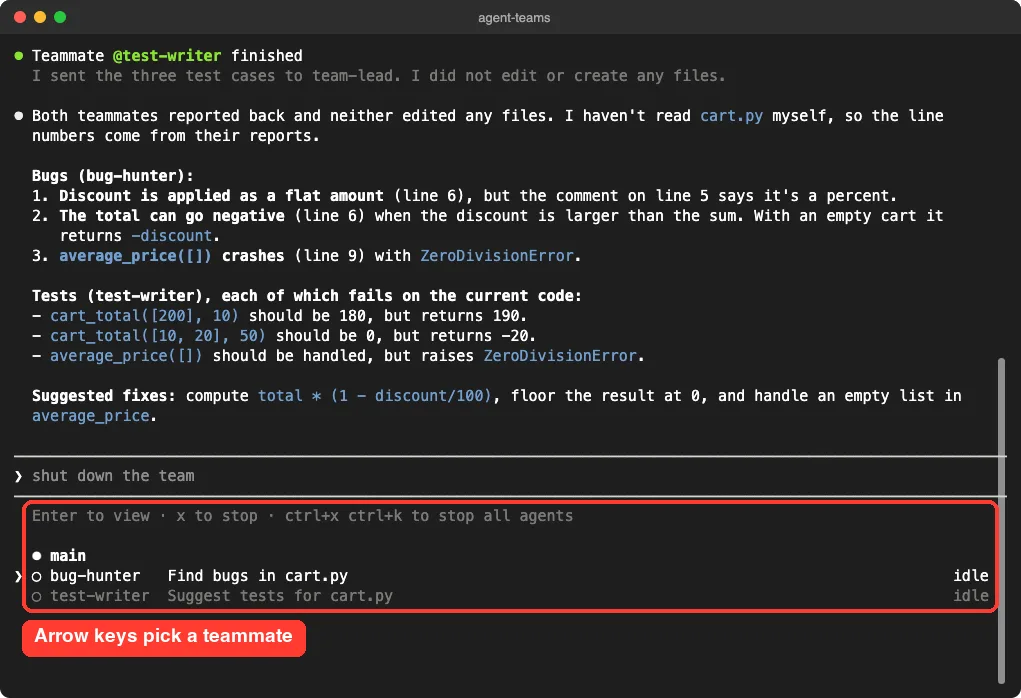 Agent panel with bug-hunter selected and the hint Enter to view, x to stop, ctrl+x ctrl+k to stop all agents