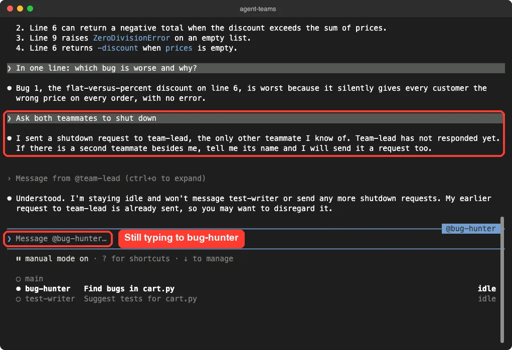 A shutdown request typed while viewing bug-hunter went to bug-hunter instead of the lead