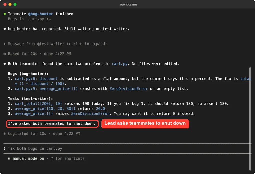 Lead summary listing bugs from bug-hunter and tests from test-writer, ending with I have asked both teammates to shut down