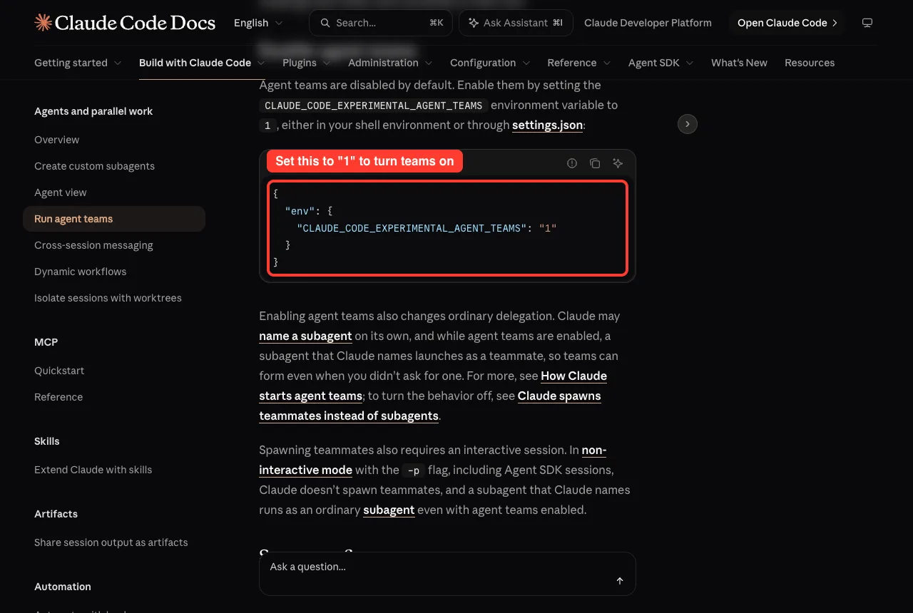 Claude Code docs showing the settings.json env block that sets CLAUDE_CODE_EXPERIMENTAL_AGENT_TEAMS to 1