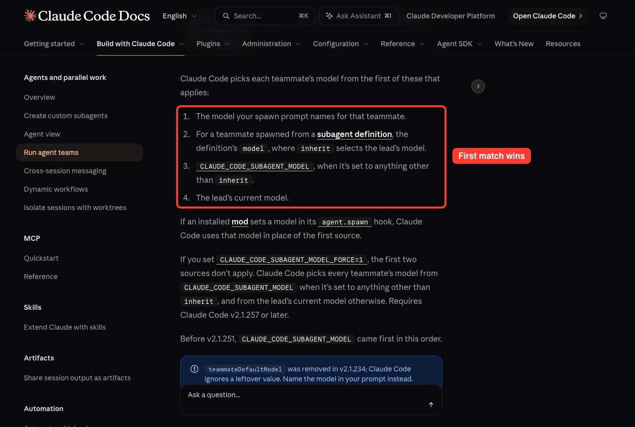 Docs list of the order Claude Code uses to pick a teammate model, from the spawn prompt to the lead's current model