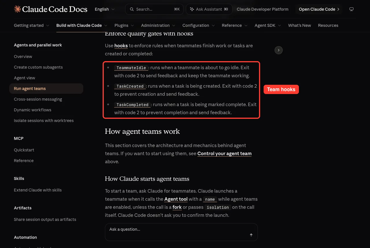 Docs list of TeammateIdle, TaskCreated and TaskCompleted hooks for agent teams
