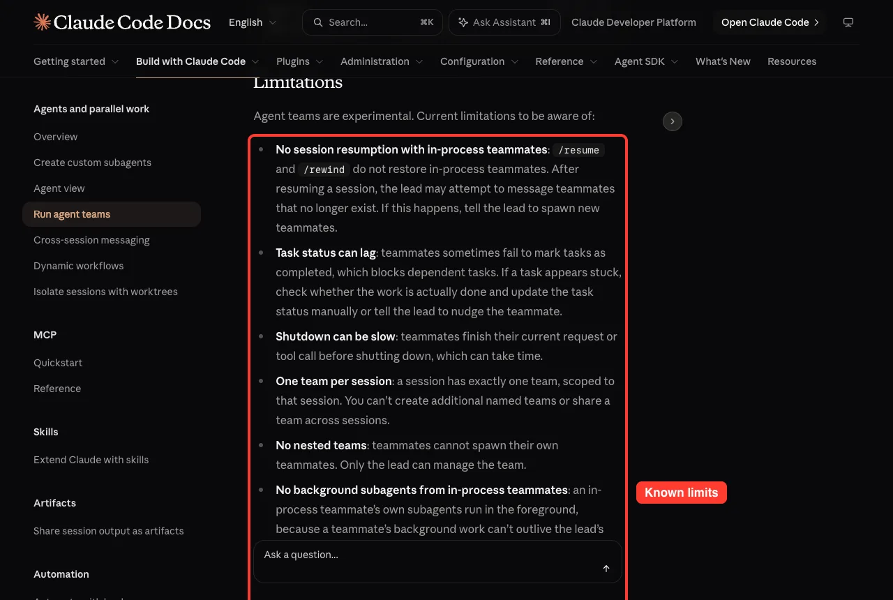 Docs list of agent team limitations including no session resumption, one team per session and no nested teams