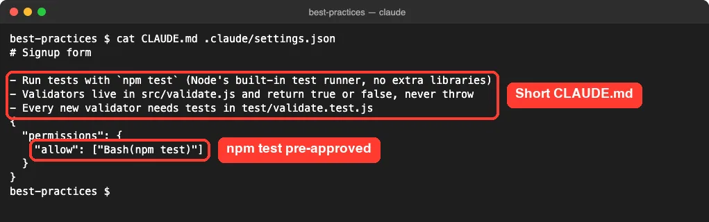 Terminal showing a three-line CLAUDE.md for the signup-form demo and a settings.json file that allows Bash(npm test)