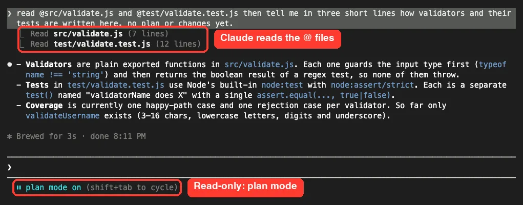 Claude Code in plan mode reading src/validate.js and test/validate.test.js and summarizing how validators and tests are written