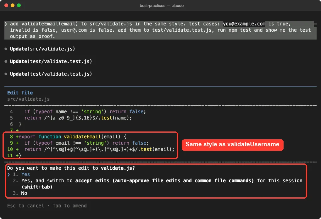 Claude Code edit prompt showing the diff that adds a validateEmail function to src/validate.js with Yes, accept edits and No options