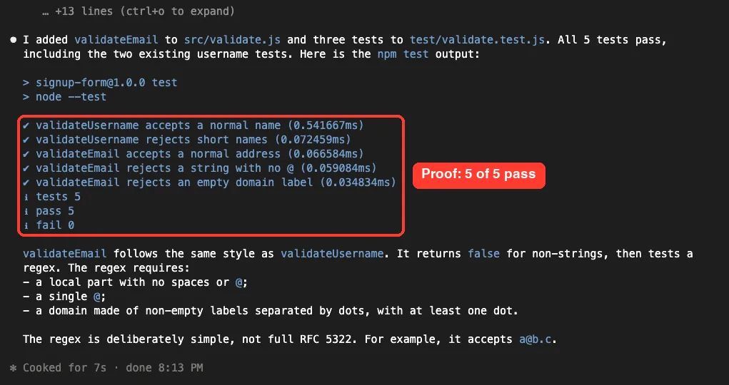 Claude Code reply showing npm test output with five passing tests for validateUsername and validateEmail, plus notes on the regex