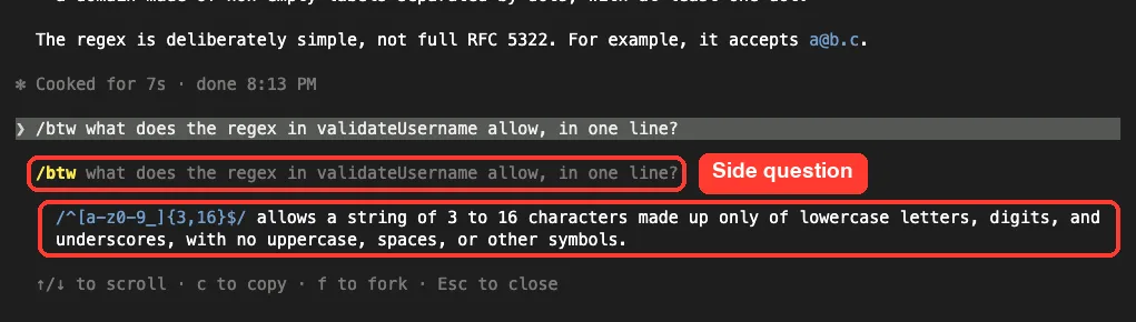 Claude Code /btw side question asking what the validateUsername regex allows, with a one-line answer in a separate panel