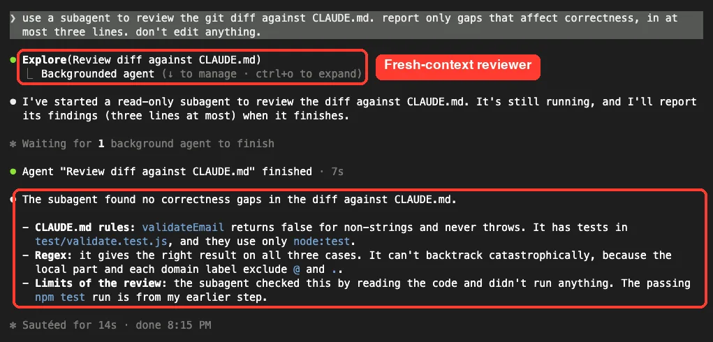 Claude Code starting a read-only Explore subagent to review the git diff against CLAUDE.md and reporting no correctness gaps