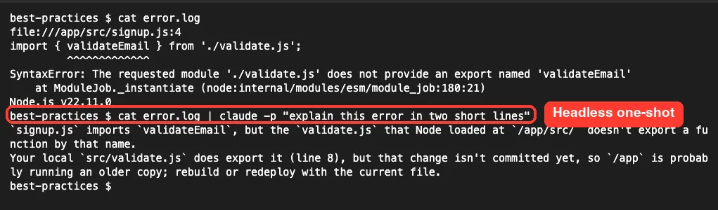 Terminal piping an error.log file into claude -p with a request to explain the error in two short lines, followed by Claude's two-line answer