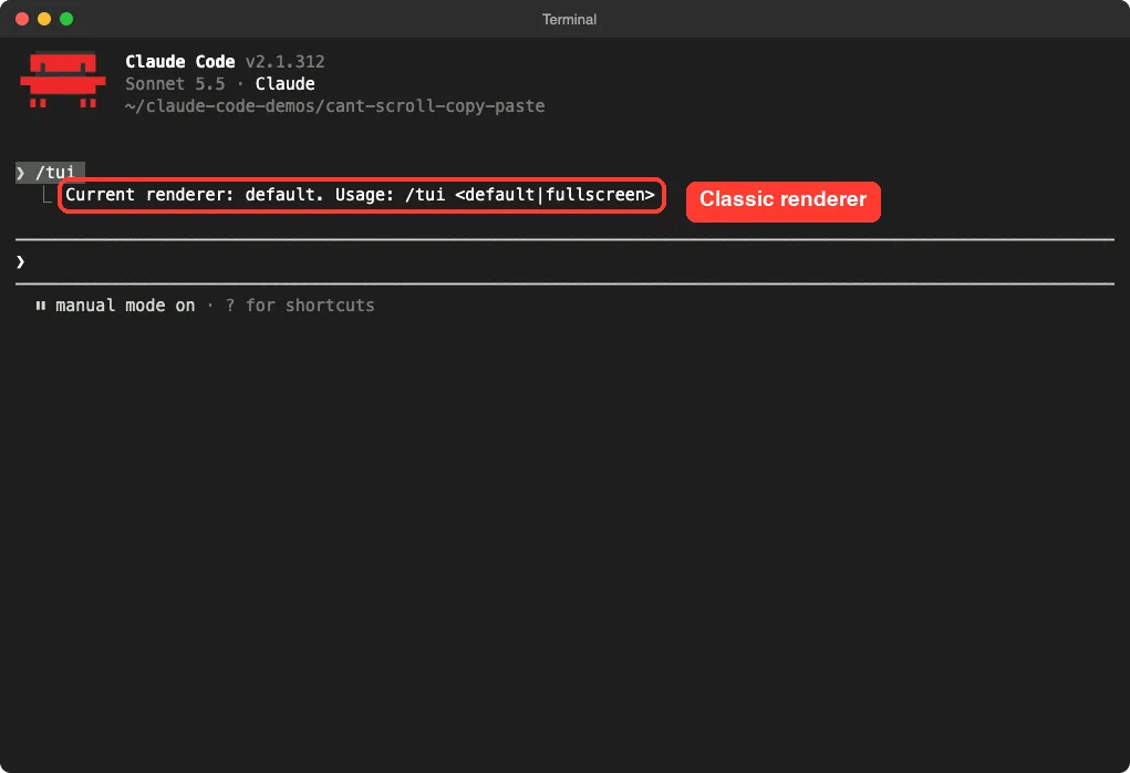Claude Code showing the /tui command with the answer Current renderer: default in a red box