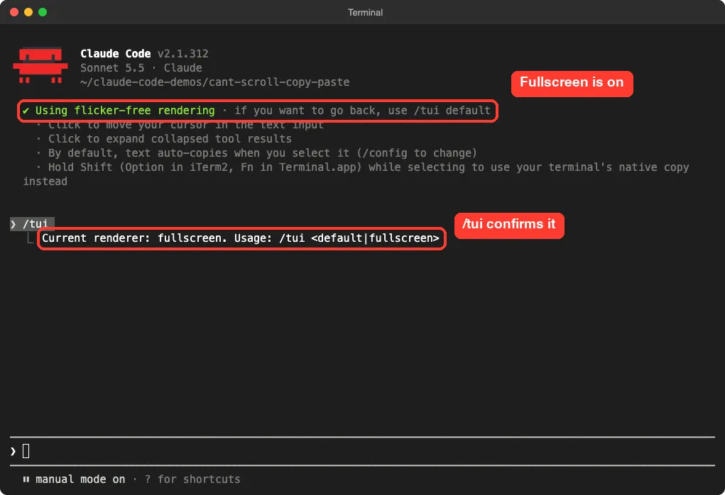 Claude Code after switching, showing Using flicker-free rendering and the /tui answer Current renderer: fullscreen, both in red boxes