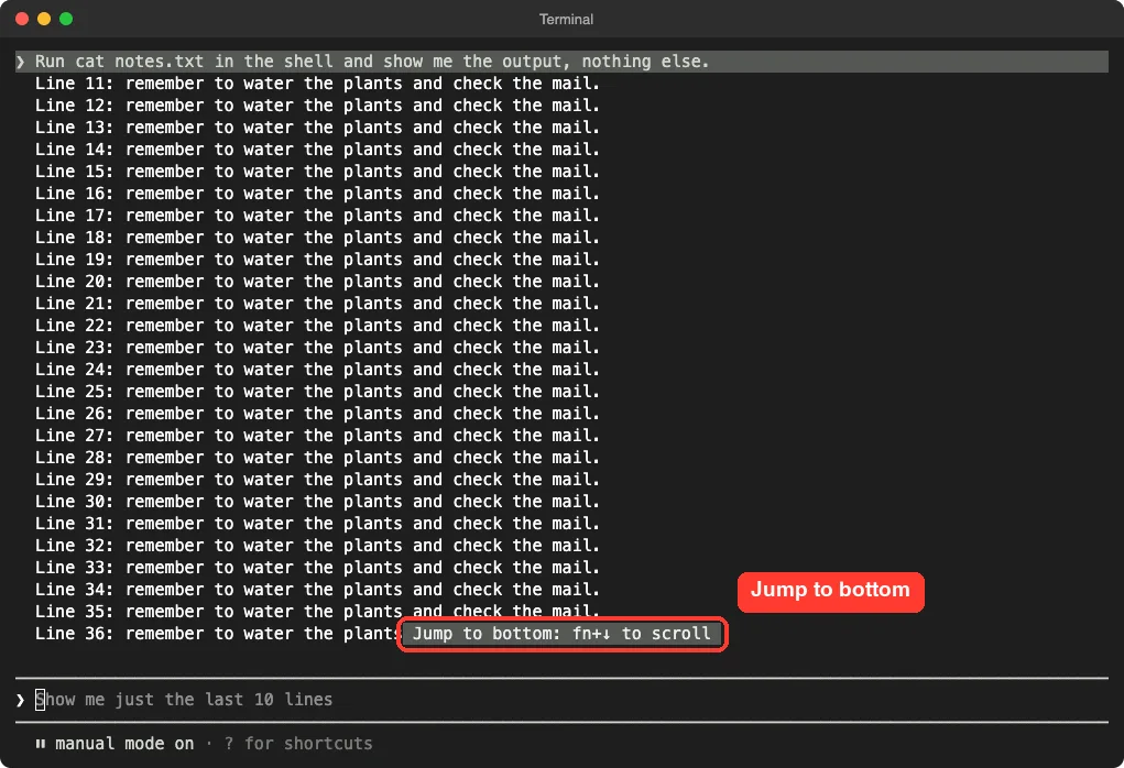Claude Code scrolled up through a long file listing with a Jump to bottom button over the bottom edge, inside a red box