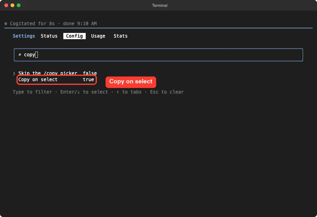 The /config panel filtered by the word copy, showing Copy on select set to true in a red box