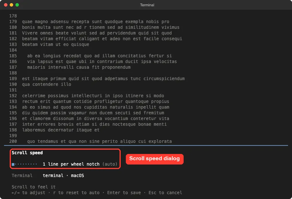 The Claude Code Scroll speed dialog showing 1 line per wheel notch (auto) and the keys to adjust, save and cancel, inside a red box