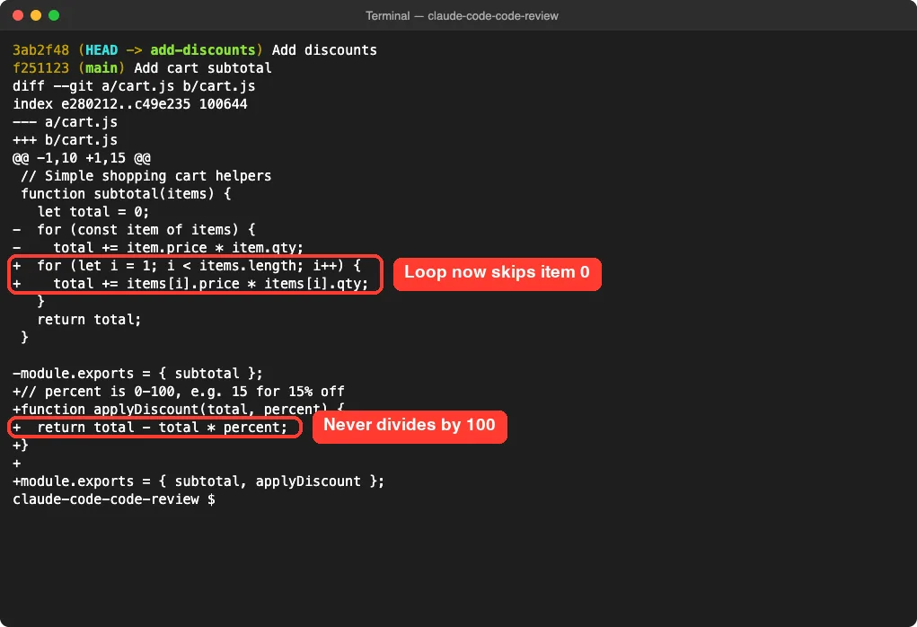 Terminal showing git log and git diff of the add-discounts branch with the loop bug and the discount bug highlighted