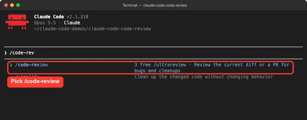 Claude Code command menu showing /code-review and /simplify after typing /code-rev