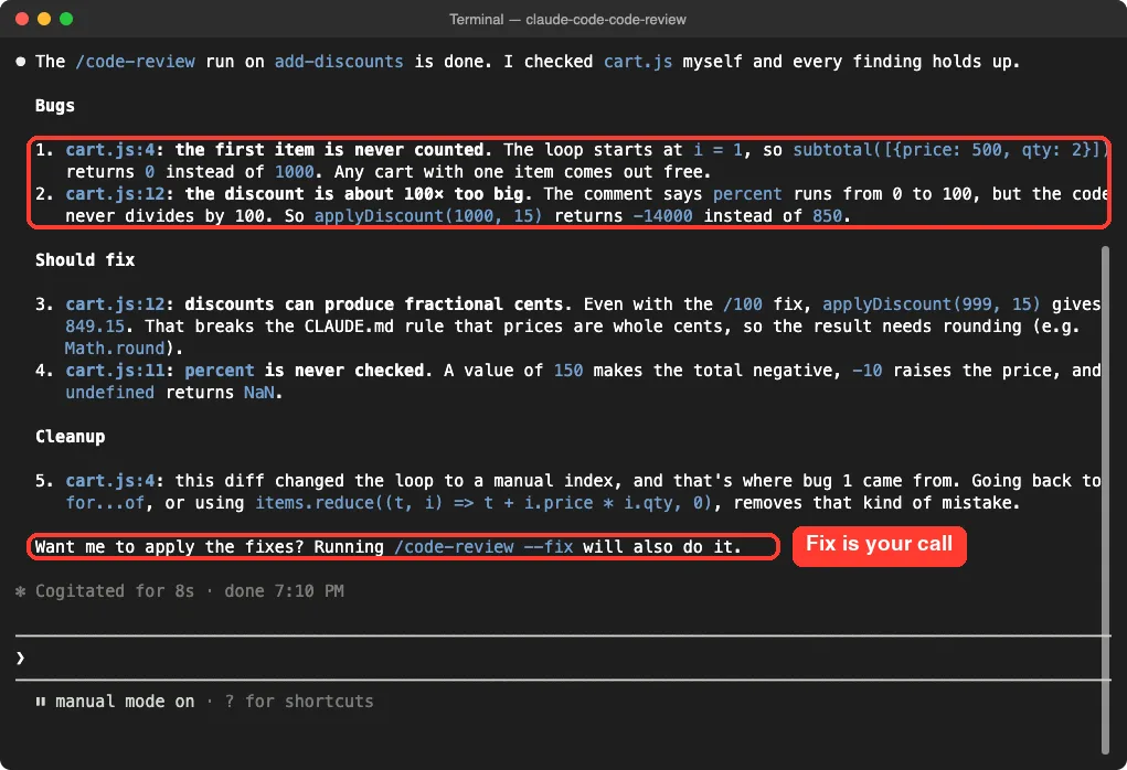 Claude Code /code-review findings listing two bugs in cart.js with line numbers, plus should-fix and cleanup items