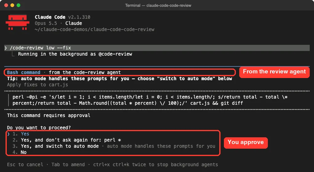 Claude Code permission prompt from the code-review agent asking to approve a command that applies fixes to cart.js