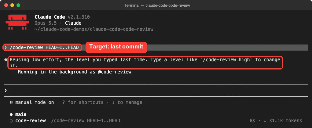 Claude Code /code-review HEAD~1..HEAD with a notice saying it is reusing low effort, the level typed last time
