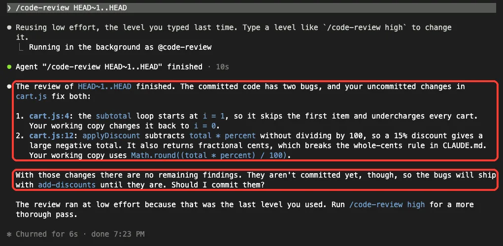Claude Code review of HEAD~1..HEAD reporting two bugs in the commit and noting the working copy fixes both