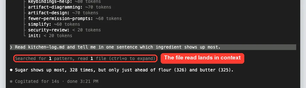 Claude Code reading kitchen-log.md after the prompt, showing Searched for 1 pattern, read 1 file, then answering that sugar shows up most