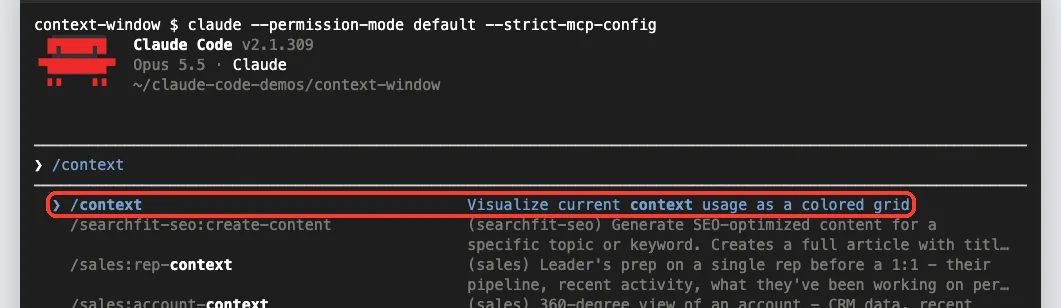 Claude Code slash command menu with /context highlighted and the description Visualize current context usage as a colored grid
