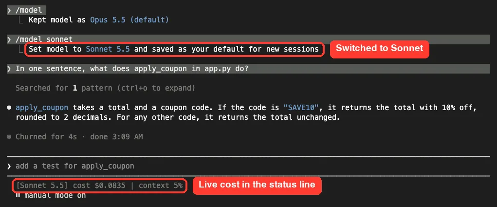 Claude Code session after switching to Sonnet with /model sonnet, with a custom status line at the bottom showing Sonnet 5.5, cost $0.0835 and context 5%