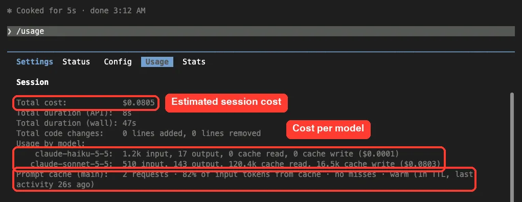 Claude Code /usage Session block showing total cost of $0.0805, usage by model for Haiku and Sonnet, and a Prompt cache line with 82% of input tokens from cache