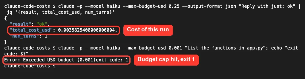 Terminal showing a claude -p run with JSON output reporting total_cost_usd of about $0.0036, then a second run failing with Error: Exceeded USD budget (0.001) and exit code 1