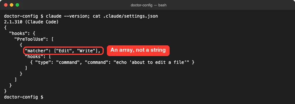 Terminal showing a .claude/settings.json file where the hook matcher is an array of Edit and Write
